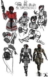 1girls armor ass bodysuit breasts clothed collage female female_focus ggez2341 ghost_(tdx) gun hair_bun night_vision_goggles partially_colored reference_image roblox roblox_game robloxian sketch tactical_gear thighs tower_defense_x