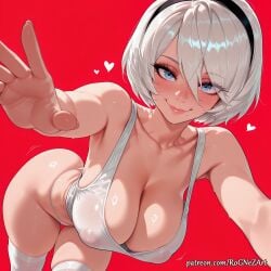 2026 2b_(nier:automata) ai_generated anime ass bangs bare_shoulders bent_over black_hairband blue_eyes blush breasts buttocks cleavage collarbone covered_nipples crossover eye_contact female female_focus female_only flushed hair_accessory hair_between_eyes hairband hanging_breasts heart highres huge_breasts large_breasts lips looking_at_viewer mole mole_under_mouth nier nier:_automata nier_(series) nsfw panties patreon patreon_username reaching_towards_viewer red_background rognezart see-through shiny shiny_skin short_hair simple_background smile smiling solo sweat sweaty tank_top thick_thighs thighhighs thighs thong underwear white_hair white_panties white_thighhighs