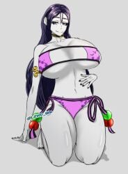 armlet bangs bare_shoulders bikini blush breasts cleavage collarbone curvy eyebrows_visible_through_hair eyepatch_bikini fate/grand_order fate_(series) female hips huge_breasts kneeling large_breasts long_hair looking_at_viewer low-tied_long_hair minamoto_no_raikou_(fate/grand_order) minamoto_no_raikou_(swimsuit_lancer) navel parted_bangs purple_bikini purple_eyes purple_hair seakerzx smile solo standing stomach swimsuit very_long_hair wide_hips