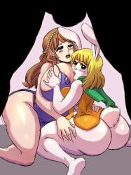 2girls ass big_breasts blonde_hair breast_squeeze breasts breasts_bigger_than_head bunny_ears bunny_girl bunny_tail carrot_(one_piece) clothed comic_cover exposed_ass female huge_ass huge_breasts justonehuman large_breasts male nami nipples_visible_through_clothing one_piece orange_hair post-timeskip shounen_jump