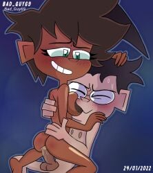 1boy 1girls bad_guy69 black_hair blue_background breast_sucking breasts brown_hair couple couple_(romantic) cum dib_membrane female glasses green_eyes invader_zim male penetration penis recap_kid sucking_nipples young