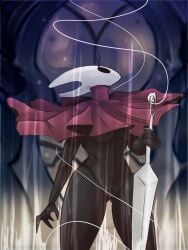 2026 2_horns 4_fingers anthro arthropod artist_logo ass biped black_eyes blurred_background breasts butt_from_the_front cloak clothed clothed_anthro clothed_female clothing digital_media_(artwork) empty_eyes eyelashes female female_anthro fingers genitals hi_res holding_melee_weapon holding_object holding_weapon hollow_knight_(franchise) horn hornet_(hollow_knight) insects logo looking_up medium_breasts melee_weapon mouthless non-mammal_breasts non-mammal_vulva noseless pussy red_cloak red_clothing silk solo ssleepyflowers standing team_cherry vulva weapon wind