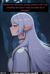 ai_art ai_generated anime_style atmospheric_lighting background belt blue_tones bored brown_straps capelet comic comic_strip comics dark_forest dark_night depressed detailed_background detailed_clothing elf existential_crisis expression fantasy female_only flowing_hair forest frieren frieren_beyond_journey's_end glowing gold_trim green_eyes high_collar long_hair mage_staff melancholic montana812 moonlight night nsfw pointy_ears profile_view shoulder_cape side_profile silver_hair solo sousou_no_frieren staff text tired very_long_hair weapon white_dress white_hair