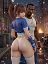 3d ai_generated alley alleyway asian_female ass ass_focus black_male booty carl_johnson cherry_blossoms couple crossover dark-skinned_male dead_or_alive eastern_and_western_character gangster ghetto gold_jewelry grand_theft_auto grand_theft_auto:_san_andreas interracial jewelry kasumi_(doa) kunoichi light-skinned_female looking_at_viewer looking_back night ninja ponytail pose posing skirt stockings streets thong wowzerspowzers