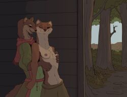 anthro beady_eyes blush breasts closed_eyes clothed clothing duo female female/female forest forest_background garbagegarage hi_res mammal medieval medieval_clothing mustelid musteline nature nature_background nipple_fetish nipple_play nipples plant scarf seductive skirt_only small_breasts stoat topless tree true_musteline weasel
