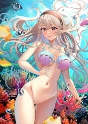 1girls absurd_res alluring arerex big_breasts bikini bikini_top bikini_top_only black_hairband blush bottomless breasts bubble cleavage coral corrin_(fire_emblem) corrin_(fire_emblem)_(female) corrin_(summer)_(fire_emblem)_(female) female fire_emblem fire_emblem_cipher fire_emblem_fates fire_emblem_warriors grey_hair hair_between_eyes hairband high_res intelligent_systems long_hair looking_at_viewer naked_from_the_waist_down navel nintendo official_alternate_costume open_mouth panties pointy_ears pussy shell shell_bikini smile solo uncensored underwater