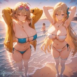 1girls 2026 2girls absurdres aegis_elysium ai_art ai_generated anime_style anis_(nikke) arm_at_side arms_up asuna_(blue_archive) aviator_sunglasses bare_shoulders beach big_breasts bikini blonde_hair blue_archive blue_bikini blue_eyes blue_ribbon blushing_at_viewer blushing_female breasts cleavage clouds collarbone digital_art eyewear_on_head female_focus gradient_sky hair_ornament hair_ribbon headpiece hi_res high_quality high_res high_resolution highres huge_breasts illustration inflatable_toy jacket large_breasts long_hair long_sleeves looking_at_viewer navel necklace nikke ocean open_jacket orange_bikini orange_sky outdoors palm_tree partially_submerged seductive_look seductive_smile short_hair side-tie_bikini_bottom side_braid sky smile smiling smiling_at_viewer standing star_necklace star_ornament string_bikini sun sunglasses sunset swimsuit thick_breasts thick_thighs thighs tiara very_long_hair water watermark waves wet white_bikini yellow_eyes yellow_jacket