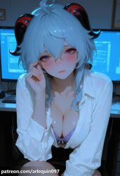 adjusting_eyewear ahoge ai_generated alternate_costume arlequin097 bangs bespectacled black_skirt blue_hair blush bow bra breasts cleavage closed_mouth collarbone collared_shirt computer contemporary dress_shirt female ganyu_(genshin_impact) genshin_impact glasses goat_horns hair_between_eyes hand_up horns indoors keyboard_\\\\(computer\\\\) large_breasts leaning_forward lips long_hair long_sleeves looking_at_viewer medium_breasts monitor office_chair office_lady open_clothes open_shirt partially_unbuttoned pencil_skirt purple_bra purple_eyes shirt sidelocks sitting skirt solo underwear white_shirt