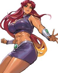 1girls abs absurd_res blonde_hair bracers breasts bursting_breasts cleavage cleavage_cutout crop_top dc_comics from_below green_eyes highres large_breasts long_hair looking_at_viewer multicolored_hair muscular muscular_female navel orange_skin red_hair simple_background skirt sleeveless smile solo starfire taiyang_yu teen_titans thick_thighs thighs vambraces very_long_hair white_background