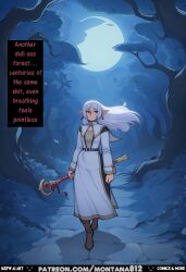 ai_art ai_generated anime_style atmospheric_lighting belt blue_sky boots bored brown_boots capelet comic comic_strip comics dark_background depressed detailed_background elf expression fantasy female_only forest frieren frieren_beyond_journey's_end frown full_moon green_eyes high_collar long_hair mage_staff melancholic montana812 moonlight night nsfw pointy_ears silver_hair solo sousou_no_frieren staff text thighhighs very_long_hair weapon white_dress white_hair