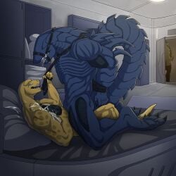 1:1 anal anal_sex anthro bed bodily_fluids bondage bound cowgirl_position cum cum_while_penetrated duo from_front_position furniture genital_fluids hi_res ismar kahliss karkhar leash leash_pull lizard male male/male on_bed on_bottom on_top penetration redgreendied reptile saliva scalie sex
