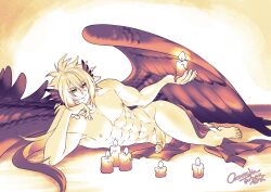 1boy abs bird bird_wings bishounen candle candlelight crescentia erection large_penis light_skin looking_at_viewer male_only monster_boy muscles muscular muscular_male smile veil_(crescentia) wings