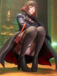 3d 3d_(artwork) black_eyeliner candle choker city_background coat deadlock dress hardwood_floor high_heels indoors kothyaci mina_(deadlock) purse pussy_peek red_eyes red_lipstick squatting stockings underskirt vampire vampire_girl video_games window wooden_floor