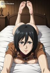 ai_generated anime anime_style ass attack_on_titan barefoot bed black_eyes black_hair bottomless breast_press breasts clothes_lift emblem feet female foreshortening hair_between_eyes hentai hi_res indoors lamp lips looking_at_viewer lying medium_breasts mikasa_ackerman mikasa_ackerman_(pre_s4) mystic_maidens no_bra on_bed on_stomach paradis_military_uniform patreon scarf shingeki_no_kyojin shirt_lift short_hair soles solo survey_corps_\\\\(emblem\\\\) sweat the_pose toes training_corps_\\\\(emblem\\\\)