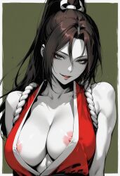 1girls ai_generated areolae big_breasts breasts exposed_breasts fatal_fury female female_only flashing flashing_breasts king_of_fighters looking_at_viewer mai_shiranui nipples ripped_clothing seductive seductive_gaze seductive_look smile tagme teasing