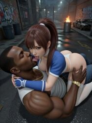 3d ai_generated alley alleyway arms_around_neck arms_around_partner asian_female ass black_male carl_johnson couple crossover dark-skinned_male dead_or_alive eastern_and_western_character french_kiss french_kissing gangster ghetto gold_jewelry grand_theft_auto grand_theft_auto:_san_andreas holding_thigh horny hug interracial jewelry kasumi_(doa) kissing kunoichi leaning_forward light-skinned_female looking_at_viewer lying_on_back lying_on_floor night ninja ponytail stockings straddling streets thigh_grab thong tongue tongue_kiss wowzerspowzers