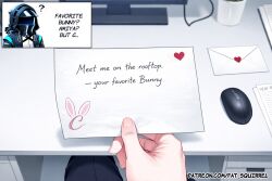 1boy ai_assisted ai_generated arknights computer_monitor english_text envelope fatest_squirrel heart_symbol keyboard male_hands mouse muscular_male office_desk pov