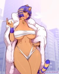 1girls animal_crossing ankha ankha_(animal_crossing) anthro areola_slip bandage bandaged_chest big_breasts blue_hair bob_cut cigarette coat domestic_cat egyptian felid feline female female_only fur_coat hi_res looking_at_viewer nintendo nofuture smoking solo tail thick_thighs yellow_body