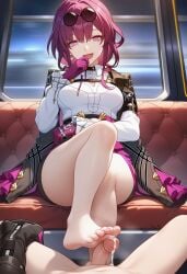 1boy 1girls ai_generated cum cum_on_feet exposed_legs exposed_penis feet_focus feet_on_penis feetjob female female_focus honkai:_star_rail hoyoverse kafka_(honkai:_star_rail) laughing laughing_at_viewer looking_at_viewer looking_down lunealter male male/female male_pov mihoyo naked naked_male pale-skinned_female pale-skinned_male pale_skin pov_male purple_eyes purple_hair sitting sitting_on_chair small_penis