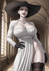 ai_generated alcina_dimitrescu athletic_female big_breasts cleavage deergirlfit dress enormous_breasts evil_eyes female female_only fully_clothed hips horror huge_breasts legs milf muscular_female nylon_stockings pale-skinned_female pale_skin resident_evil resident_evil_8:_village vampire vampire_girl vampire_teeth yellow_eyes