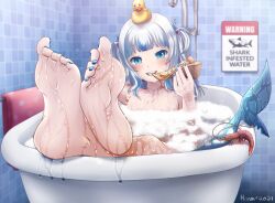 1girls barefoot bathtub blue_eyes blue_nails bubbles english_text eyebrows_visible_through_hair feet gawr_gura hana-chan_(pixiv_artist) hololive hololive_english hololive_myth light-skinned_female nude_female pizza rubber_duck shark_girl shark_hair_ornament shark_tail shark_teeth sharp_teeth shrimp soles solo solo_female toes towel virtual_youtuber warning_sign water