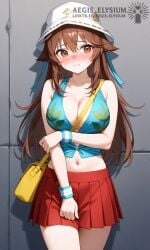 1girls 2026 aegis_elysium ai_art ai_generated arms_crossed arms_holding arms_holding_breasts_up big_breasts bikini_top blue_bikini blue_shirt blue_wristband blush blushing_at_viewer blushing_female breasts brown_eyes brown_hair bucket_hat cap cleavage female female_focus game_freak grey_background hair_ornament halterneck hat headpiece hi_res high_quality high_res high_resolution highres huge_breasts illustration large_breasts leaf leaf_(pokemon) leaf_print lips long_hair looking_at_viewer midriff miniskirt navel nintendo pleated_skirt pokemon purse red_skirt ribbon seductive_look seductive_smile shoulder_bag skirt smiling smiling_at_viewer solo standing summer thick_breasts thick_thighs thighs tiara very_long_hair wall wall_(structure) watermark white_cap white_hat white_headwear wristband yellow_bag