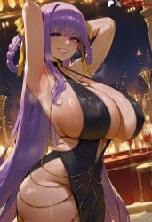 ai_generated alternate_breast_size armpits arms_behind_head arms_up bangs bare_shoulders bb_(fate) bb_dubai_(fate) black_dress blush braid braided_hair_rings breasts cityscape cleavage clothing covered_nipples cup curvy dark-skinned_female dark_skin dress drinking_glass duxvector evening_gown fate/grand_order fate_(series) female female_only grin hair_ribbon hair_rings huge_breasts jewelry large_breasts lips lipstick long_hair looking_at_viewer makeup necklace night no_panties patreon_logo patreon_username plump presenting_armpit purple_eyes purple_hair ribbon side_slit sideboob sleeveless sleeveless_dress smile solo steaming_body sweat tan thighs twitter_username very_long_hair wine wine_glass yellow_ribbon