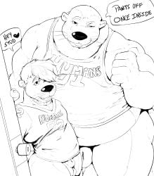 animal_genitalia anthro balls belly black_and_white black_text casual_nudity claws clothing command_to_undress complimenting_viewer dialogue door door_handle doorknob duo ear_piercing english_text father_(lore) fur genitals gesture hair hand_gesture heart_symbol hi_res incest_(lore) male male/male mammal monochrome musclegut muscular mustelid navel nude opening_door otter pandottermon parent_(lore) piercing pointing pointing_back sharp_teeth sheath sheath_slit shirt simple_background smile son_(lore) sports_jersey standing talking_to_viewer teeth text text_on_clothing text_on_shirt text_on_topwear topwear whiskers