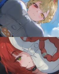 2girls 2koma alice_thymefield big_breasts blonde_hair blush breasts clothed clothing commentary english_commentary female female_only female_pov frieren_lap_pillow_(meme) green_eyes heterochromia highres large_breasts looking_at_another looking_at_viewer meme multiple_girls multiple_views red_eye red_eyes red_hair safe_for_work sfw shuraillusts ukinami_yuzuha yellow_eye yellow_eyes yuri zenless_zone_zero