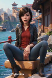 solo pussy denim short_hair leather torn_clothes pants boots jeans looking_at_viewer sitting outdoors uncensored torn_pants no_panties brown_hair leather_jacket spread_pussy jacket spread_legs lips shirt nose torn_jeans ankle_boots denim_jacket boat watercraft black_hair breasts red_shirt full_body web_address swept_bangs water belt patreon_username progenarts hi_res ai_generated insomniac_games marvel marvel_comics spider-man_(ps4) spider-man_(series) yuriko_watanabe yuriko_watanabe_(insomniac) 1girls female_human