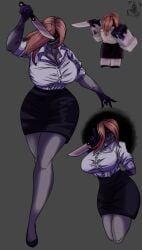 1girls 2d 2d_(artwork) big_breasts breasts cleavage clothed clothing collage different_poses female female_only ggez2341 heels horror knife long_hair psycho_(tdx) reference_image roblox roblox_game robloxian shirt skirt solo tagme thick_thighs thighs tower_defense_x