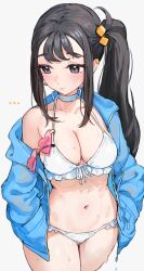 1girls bikini black_hair blue_jacket blush breasts cleavage commentary_request cube_hair_ornament duro_(pokemon) earclip embarrassed female frilled_bikini frills grey_eyes hair_ornament halterneck hands_in_pockets heart heart-shaped_eyewear highres jacket large_breasts lida_(pokemon) long_hair long_sleeves looking_to_the_side navel nintendo open_clothes open_jacket pokemon pokemon_legends:_z-a side_ponytail simple_background sunglasses swimsuit wet white_bikini yomizu_(rdad3278)