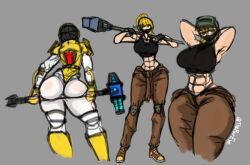 abs armor armpits ass breasts clothed clothing collage colored_sketch female female_only ggez2341 jumpsuit muscular roblox roblox_game robloxian sketch slammer_(tdx) sledgehammer thighs tower_defense_x