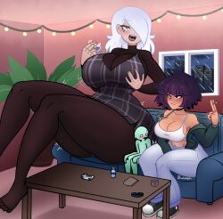 1ambiguous 2girls amy_(juhbuhyuh) ass_expansion between_thighs bigger_female black_hair blue_eyes blush body_growth body_growth_(enlargement) bong breast_expansion breast_growth breasts_bigger_than_body breasts_bigger_than_head breasts_bigger_than_torso bursting_breasts cleavage couch couch_masturbating expansion fully_clothed giant_female giantess giantess_growth gigantic_ass gigantic_breasts gigantic_butt gigantic_thighs gigantification groping_own_breast growth growth_drive height_growth huge_ass huge_breasts hyper hyper_ass hyper_breasts hyper_butt hyper_genitalia hyper_thighs juhbuhyuh macro macro_female mini_giantess sharp_teeth sitting size_difference smoking_weed thick_thighs thigh_expansion thighs_bigger_than_head tight_clothing weed white_hair wide_hips