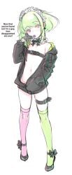 1boy androgynous belt belts bob_cut burrrntlemon crossdressing dialogue femboy femboy_only girly girly_boy jacket lio_fotia lollipop lollipop_in_mouth looking_at_viewer maid_headdress male petite petite_body petite_male promare short_hair slim slim_male slim_waist solo stockings teasing teasing_viewer text thigh_strap thighhighs twink