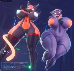 2girls 3d 3d_(artwork) areolae breasts breasts_size_difference child_bearing_hips hips large_areolae large_breasts navel nipples nude primebooba renatakatharsis tail text thick_thighs thighs tummy vagina valkyr_(warframe) warframe wide_hips wisp_(warframe)