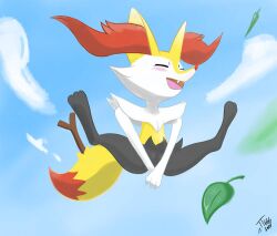 anthro blush braixen cloud female generation_6_pokemon genitals leaf nintendo nude open_mouth pokemon pokemon_(species) sky solo spread_legs spreading stick tail thetiger666 vulva