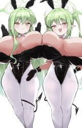 2girls aged_up big_breasts blue_archive blush brat bratty bunny_ears bunnysuit gloves green_hair hikari_(blue_archive) huge_breasts lir non-canonical_breasts nozomi_(blue_archive) pointy_ears sisters tail yellow_eyes