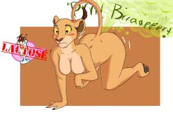 all_fours anthro baphowet blush breasts curled_tail disney fart fart_cloud fart_fetish featureless_breasts felid female lactose_intolerance lion mammal nala no_nipples nude pantherine solo the_lion_king what wide_eyed yellow_sclera