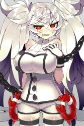 abyssal_ship ass_visible_through_thighs bangs bare_shoulders black_hair breasts buttons chains cowboy_shot cuffs enemy_lifebuoy_(kantai_collection) escort_water_princess eyebrows eyebrows_visible_through_hair female gloves gradient gradient_background hair_between_eyes hand_on_own_chest highres innertube itsumo_nokoru kantai_collection large_breasts legs_apart long_hair looking_at_viewer messy_hair multicolored_hair oerba_yun_fang open_mouth red_eyes shackles shinkaisei-kan shirt short_shorts shorts skindentation sleeveless sleeveless_shirt solo standing sweatdrop thighhighs tsurime turtleneck two-tone_hair v-shaped_eyebrows very_long_hair white_gloves white_hair white_legwear white_shirt white_shorts