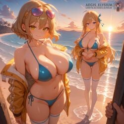 1girls 2026 2girls aegis_elysium ai_art ai_generated anime_style anis_(nikke) arm_at_side asuna_(blue_archive) aviator_sunglasses bare_shoulders beach big_breasts bikini blonde_hair blue_archive blue_bikini blue_eyes blue_ribbon blushing_at_viewer blushing_female breasts cleavage clouds collarbone digital_art eyewear_on_head female_focus gradient_sky hair_ornament hair_ribbon headpiece hi_res high_quality high_res high_resolution highres huge_breasts illustration jacket large_breasts long_hair long_sleeves looking_at_viewer navel necklace nikke ocean open_jacket orange_sky outdoors palm_tree seductive_look seductive_smile short_hair side_braid skindentation sky smile smiling smiling_at_viewer standing star_necklace string_bikini sun sunglasses sunset swimsuit thick_breasts thick_thighs thighhighs thighs tiara water watermark waves white_bikini yellow_eyes yellow_jacket