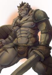 abs anthro areola armor balls_outline biped bottomwear brown_bottomwear brown_clothing brown_hair bulge clothing facial_scar fangs felid fur genital_outline geppei5959 gloves hair handwear hi_res holding_object holding_sword holding_weapon male male_only mammal melee_weapon muscular muscular_anthro muscular_male nipples orange_body orange_fur pantherine pauldron pecs scar shield solo striped_body striped_fur stripes sword tiger unconvincing_armor weapon yellow_eyes