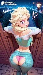 !? 1girls 2026 ai_assisted ai_generated anime artist_name ass ass_cutout bench big_ass blonde_hair booty braid brick_wall clothing_cutout crotch_cutout disney disney_princess elsa elsa_(frozen) explicit frozen_(film) heart_cutout hi_res high_quality high_resolution highres park_bench patreon patreon_username skypassion stable_diffusion torn_clothes torn_legwear torn_pants torn_shirt torn_shorts watermark