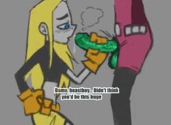 1boy 1girls beast_boy belt blonde_hair blue_eyes cock dc dc_comics dick female footwear handjob handwear hootpizza human male manual on_knees pale_skin tara_markov teen_titans terra terra_(dc)