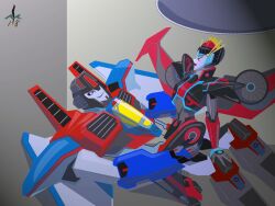 1boy 1girls alien alien_girl ameban blue_eyes cowgirl_position humanoid purple_eyes red_fur red_lips robot robot_girl robot_humanoid starscream transformers transformers_robots_in_disguise_(2015) windblade wings