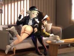 2girls absurdres an-an_lee ass black_boots blonde_hair boots brown_hair commentary_request couch cup femdom gary-edelweiss ghost_print hand_up hat highres indoors jacket knee_boots legs light_rays long_sleeves looking_back medium_hair multiple_girls open_mouth over_the_knee panties panty_pull pout punishment reverse:1999 short_hair sitting socks spanked spanking table underwear vertin_(reverse:1999) yellow_eyes yuri