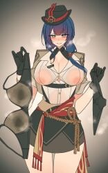 1girls black_bra black_gloves black_panties blush bra bra_removed breasts brown_jacket brown_skirt covered_nipples cowboy_shot flavia_(strinova) grin halterneck hat holding_bra holding_panties large_breasts long_hair looking_at_viewer low_ponytail official_alternate_costume panties pencil_skirt purple_hair smile solo solo_female standing steam strinova teeth underwear white_shirt y9ru yellow_eyes