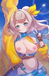 alternate_breast_size_(larger) blonde_hair blue_eyes blue_skirt bow breasts breasts_out eroyouchan female hairbow highres jacket large_breasts light_smile marimari_en miniskirt navel nipples orange_bow orange_jacket phase_connect race_queen side_ponytail skirt solo tits v virtual_youtuber vtuber