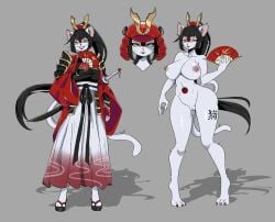 anthro armor asian_clothing big_breasts black_hair breasts clothing domestic_cat east_asian_clothing emika_haru_(nickzilla) emperor felid feline felis female folding_fan fur genitals gloves gold_(metal) hair handwear headgear helmet hi_res japanese_armor japanese_clothing katana lipstick lyraaoart makeup mammal markings melee_weapon plump_labia red_clothing red_markings red_spots royalty samurai smile smiling_at_viewer solo spots sword tattoo vulva warrior weapon white_body white_fur wide_hips yellow_eyes