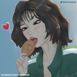 artist_name black_hair blush brown_hair color ecchisage heart_emote highres honeycomb kang_sae-byeok korean_female licking light-skinned_female netflix short_hair squid_game